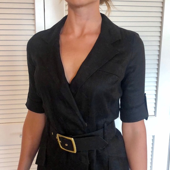 Blk Linen Suit Dress Faux Pockets & Belt - Picture 3 of 6